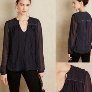 Anthropologie Tiny Navy Sheer Boho Blouse Small Embroidered Peasant Top Romantic